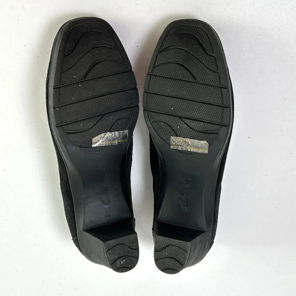 Clarks Bendables Heeled Loafers Size 10 M Black Suede‎ Leather Tie Witch 80892